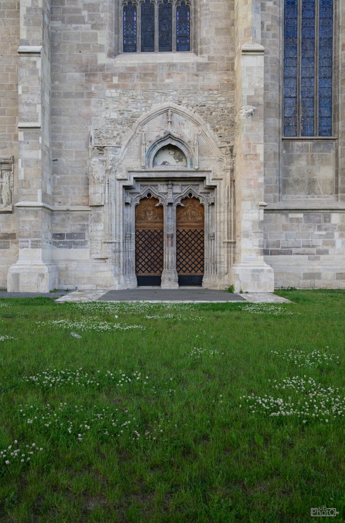 Entrance of a historic church with ornate wooden doors and Gothic architectural details, surrounded by green grass and small white flowers.