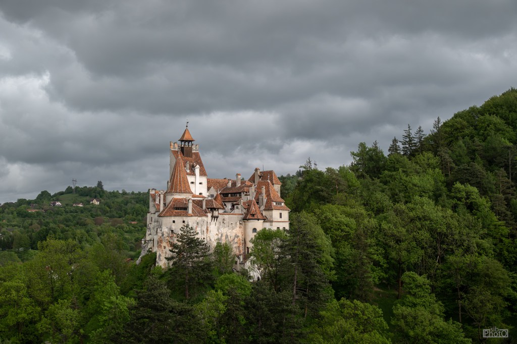 A historic castle with reddish rooftops stands atop a green hillside under a cloudy sky.